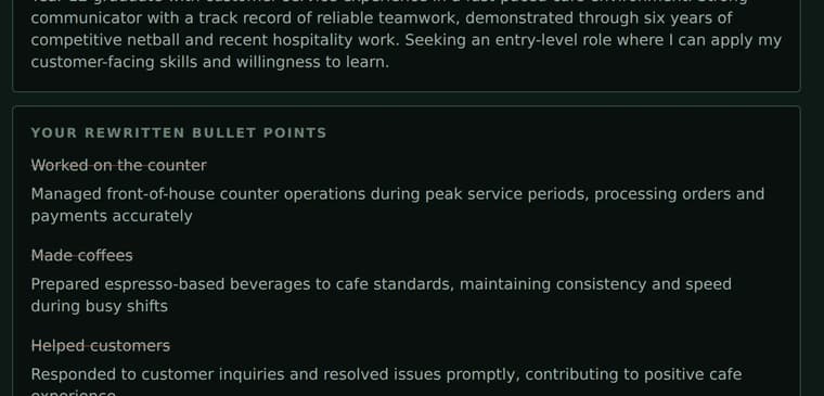 Lumora free rewritten resume showing a new professional summary for a Year 12 graduate, then rewritten bullet points where the student's original wording is struck through and the stronger version sits underneath. For example, worked on the counter becomes managed front-of-house counter operations during peak service periods, processing orders and payments accurately.
