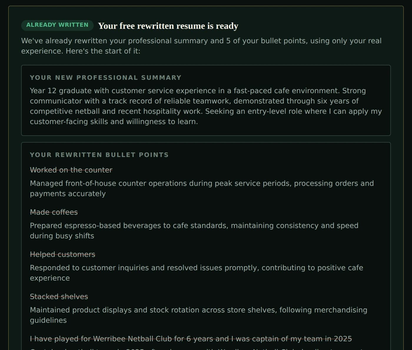 Lumora free rewritten resume showing a new professional summary for a Year 12 graduate, then rewritten bullet points where the student's original wording is struck through and the stronger version sits underneath. For example, worked on the counter becomes managed front-of-house counter operations during peak service periods, processing orders and payments accurately.