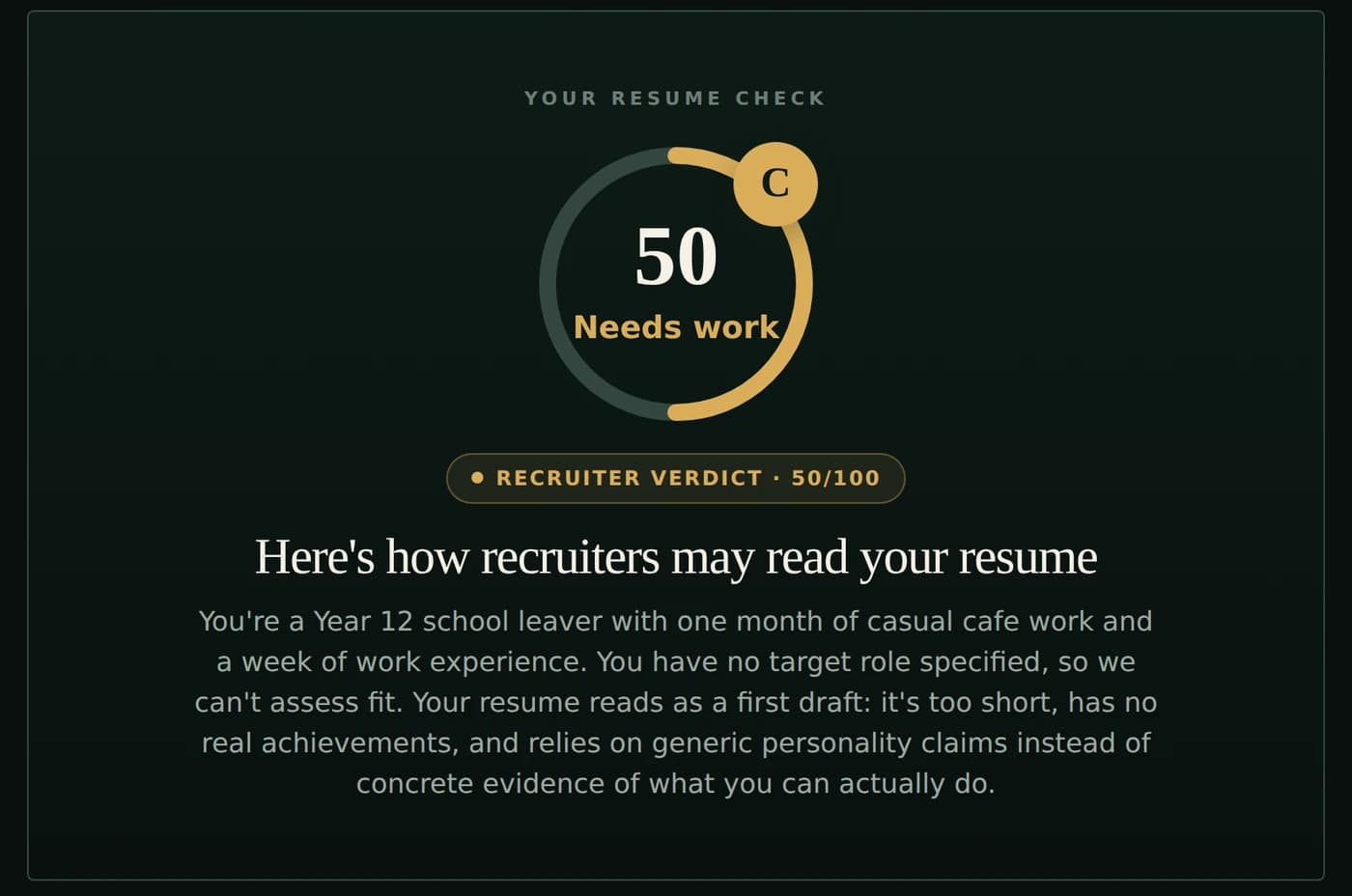 Lumora resume check showing a score of 50 out of 100 with a grade of C and the label Needs work, above a recruiter verdict reading: you are a Year 12 school leaver with one month of casual cafe work and a week of work experience, no target role is specified so fit cannot be assessed, and the resume reads as a first draft that is too short, has no real achievements and relies on generic personality claims instead of concrete evidence.