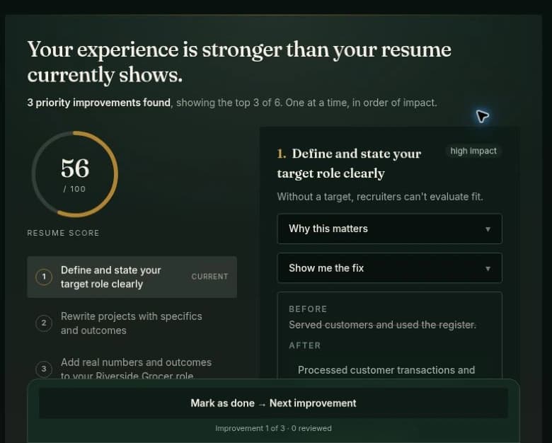 Lumora improvement view showing a resume score of 56 out of 100 beside a numbered list of three priority improvements. The current one, define and state your target role clearly, is marked high impact and expands to show why it matters and a before and after of the rewritten line.