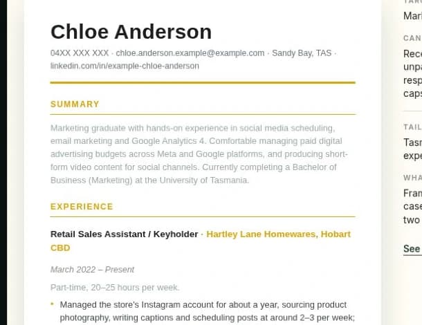 A finished Lumora resume for a fictional marketing graduate rendered in the Wattle template, showing a summary, experience with dated roles and specific bullet points, alongside a side panel listing the target role, industry, experience level and what Lumora strengthened.