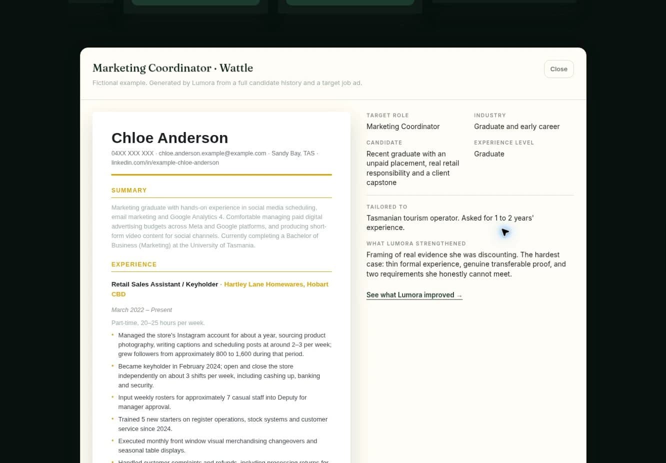 A finished Lumora resume for a fictional marketing graduate rendered in the Wattle template, showing a summary, experience with dated roles and specific bullet points, alongside a side panel listing the target role, industry, experience level and what Lumora strengthened.